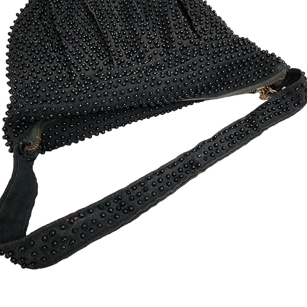 Vintage Plastic Beaded Bag Pleated Satchel Crescent Black Zippered Closure - Picture 12 of 16
